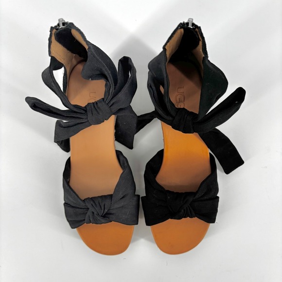 NWOT UGG Women's Yarrow Black Suede Espadrille Wedge Sandals Ankle Bow Straps - Picture 3 of 9